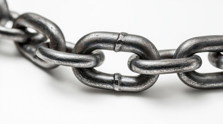 Close-up of a strong steel chain isolated on a clean white background, symbolizing strength, durability, and industrial powerの素材