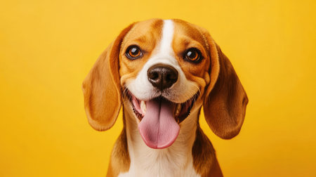 Close-up of a beagle showing a wide, cheerful smile, tongue slightly out, in front of a warm yellow backdrop full of playful energyの素材