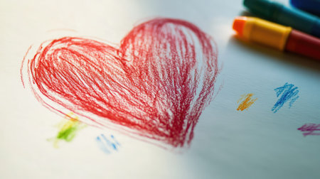 A crayon-drawn heart with bold strokes on clean white paper, photographed with natural light and shadowsの素材