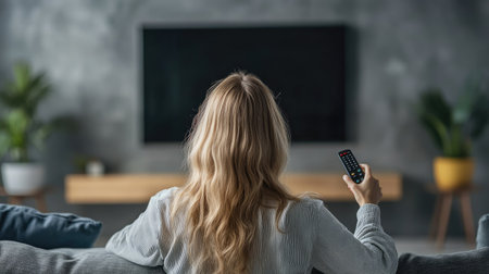 Woman in casual clothing holding remote control, photographed from behind on sofa, blank wall-mounted TV screen ahead, simple lifestyle themeの素材
