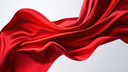 Luxurious red satin fabric floating in wind with natural folds, set against clean light background for fashion and design conceptsの素材