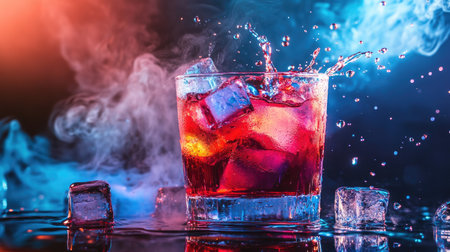 Close-up of colorful cocktail splashing with ice cubes and vapor smoke, creating a dynamic bar scene perfect for party, celebration, and nightlife conceptsの素材
