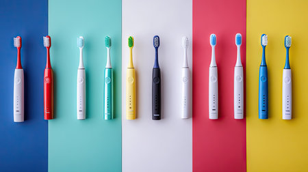 Assorted electric and manual toothbrushes arranged creatively on colorful backdrop, symbolizing modern oral hygieneの素材