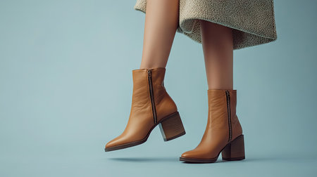 Fashionable woman's legs in stylish ankle boots on neutral backdrop, highlighting modern footwear and trendy outfitの素材
