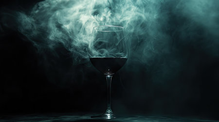 Dark aesthetic photo of smoke spilling from a wine glass, illuminated with a single spotlight to enhance texture and dramaの素材