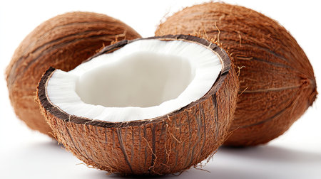 Close-up of tropical coconut isolated on white background, showing natural shell and smooth interior, symbolizing organic nutrition and freshnessの素材