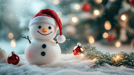 Cute smiling snowman wearing a Santa hat, standing beside sparkling Christmas tree decorations with glowing fairy lights in a cozy winter sceneの素材