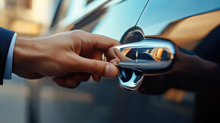 Close-up of hand turning a car door handle, showing smooth chrome finish and vehicle detail, suitable for luxury cars, daily driving, and transportation conceptsの素材
