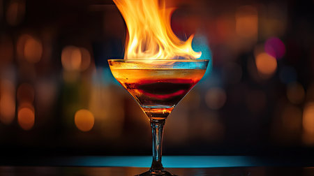 Close-up of layered cocktail ignited on top, fire blazing above glass, representing exotic nightlife, luxury drinks, and bar entertainmentの素材