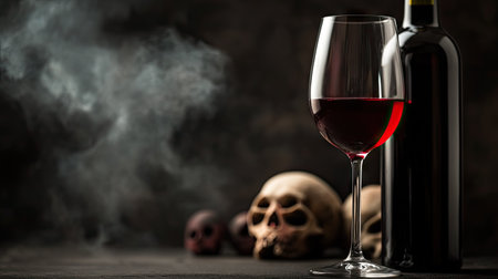 Close-up of red wine glass next to a bottle, with smoky background, skulls, and spooky Halloween props creating a mysterious moodの素材