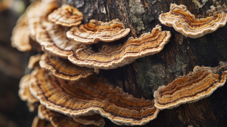 Close-up of tree trunk with natural fungus growth, showing textured surface and unique organic patterns, symbolizing nature and decayの素材
