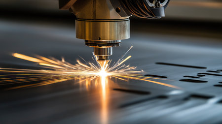 Fiber laser cutting machine slicing through sheet metal, sparks flying, representing modern manufacturing, engineering, and industrial technologyの素材