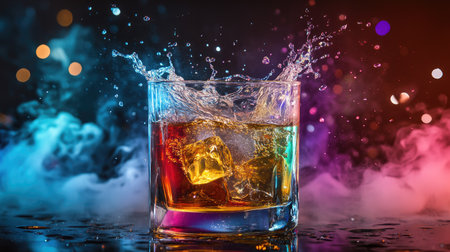 Cocktail glass filled with colorful liquid, ice splash bursting out with vapor smoke, symbolizing excitement, nightlife, and dynamic celebrationの素材