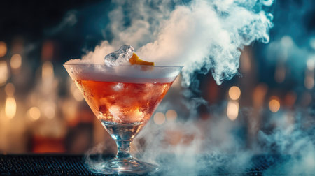 Cocktail with smoky dry ice vapor spilling over glass rim, combined with liquid splash effect, representing creativity, nightlife, and exotic mixologyの素材