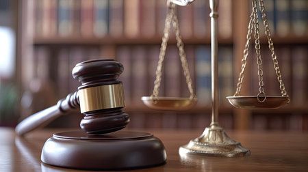 Close-up of judge's gavel on desk with scales of justice beside it, representing law, courtroom decisions, and legal systemの素材