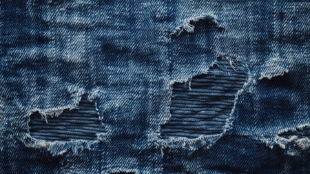 Denim fabric with ripped sections, showing texture and detail of woven cotton threads, ideal for textile design, fashion, and grunge-style visualsの素材