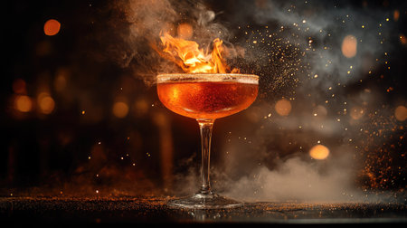 Exotic cocktail drink with fire flame on top, surrounded by smoke and sparks, symbolizing luxury lifestyle, nightlife, and bar performanceの素材
