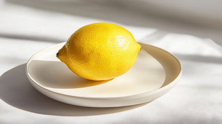 Elegant single lemon on a sleek white plate, photographed in minimalistic style with soft shadows and bright lightingの素材