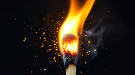 Close-up of burning match head with sparks and smoke against black backdrop, symbolizing fragility, danger, and energyの素材