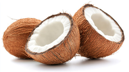 Close-up of tropical coconut isolated on white background, showing natural shell and smooth interior, symbolizing organic nutrition and freshnessの素材