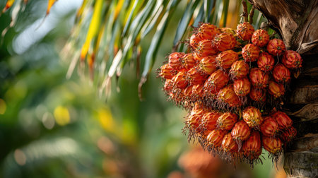 Close-up of ripe palm fruit bunches hanging from a palm oil tree, highlighting vibrant colors and agricultural produce in a tropical plantationの素材