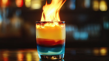 Close-up of layered cocktail ignited on top, fire blazing above glass, representing exotic nightlife, luxury drinks, and bar entertainmentの素材
