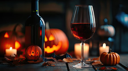 Elegant wine glass and bottle on a wooden table decorated with pumpkins, bats, and Halloween lanterns under dim candlelightの素材