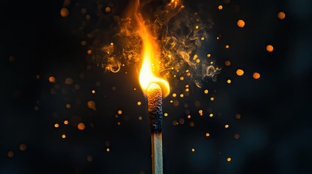 Isolated burning match with sparks and glowing head against black backdrop, symbolizing energy, fire, and riskの素材