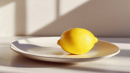 Minimalist still life with one lemon on modern white plate, natural light enhancing textures and freshness of fruitの素材