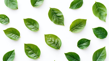 Multiple green leaves arranged in a pattern over white background, creating a fresh and modern botanical design perfect for eco branding and lifestyleの素材