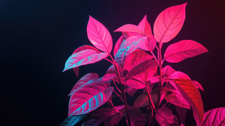 Isolated plant bathed in neon pink light with black backdrop, symbolizing elegance, minimalism, and creative lighting effectの素材