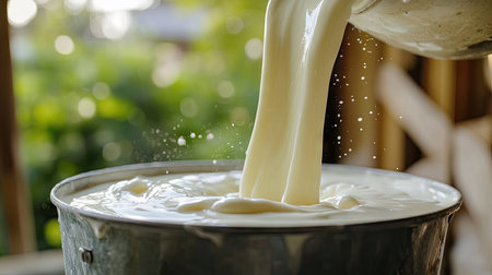 Pouring creamy goat milk into bucket, with focus on flow and texture, ideal for concepts of farm life and fresh dairyの素材