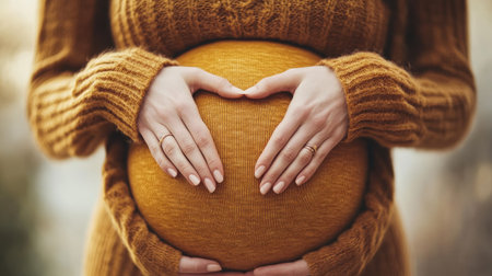 Hands of pregnant woman gently cradling belly close-up, symbolizing care, protection, and nurturing love for unborn childの素材