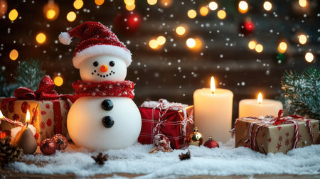 Happy snowman decoration on snowy table, with Christmas candles, gift wrapping ribbons, and warm glowing fairy lights in backgroundの素材