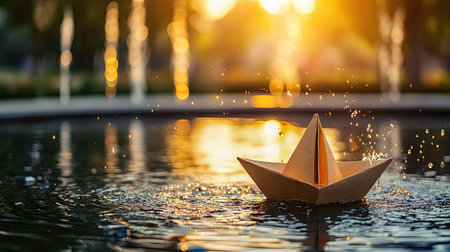 Paper boat gently floating in a fountain, symbolizing peace, calmness, and playful childhood momentsの素材