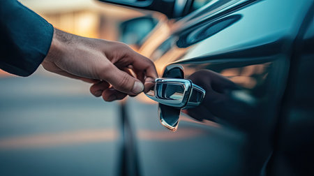 Hand pushing down a car door handle to enter the vehicle, captured in a dynamic angle for lifestyle, automotive, and user experience conceptsの素材