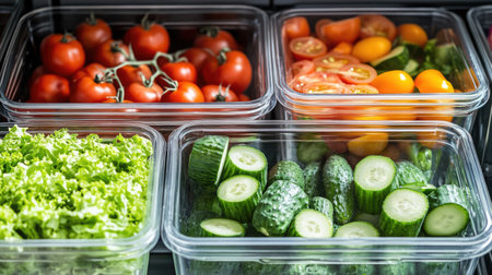 Glass containers packed with colorful vegetables like tomatoes, cucumbers, and lettuce, stored in refrigerator for freshness and convenienceの素材