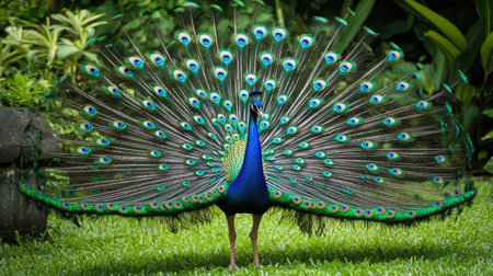 Peacock in a garden spreading its iridescent tail feathers, performing courtship display, with natural greenery creating a vivid wildlife backgroundの素材