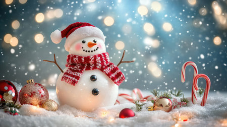 Happy snowman wearing a scarf and mittens, surrounded by Christmas baubles, candy canes, and twinkling lights on a snowy backgroundの素材