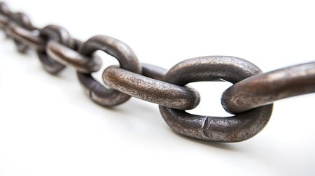 Heavy metal chain links arranged neatly on white surface, representing connection, unity, and unbreakable strengthの素材