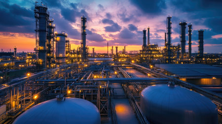 Industrial facility featuring natural gas tanks, complex pipelines, and steel structures, symbolizing energy productionの素材