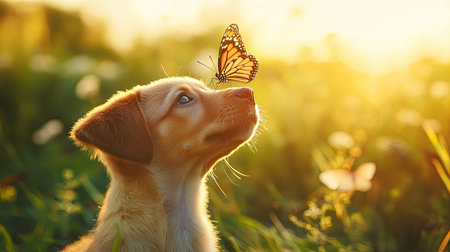 Puppy outdoors with a butterfly perched on its nose tip, surrounded by soft sunlight and green meadow, symbolizing innocence and beauty of lifeの素材