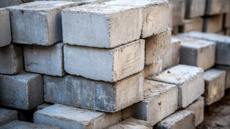 Large stack of gray cement blocks in outdoor construction area, captured in soft daylight, symbolizing home building, renovation, and masonry workの素材