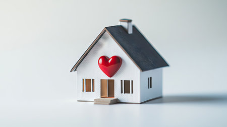 Miniature model house with a heart symbol in the center, representing home sweet home, real estate care, and family warmth on a clean white backgroundの素材