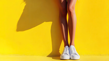 Legs of young woman in stylish sneakers, standing on bright solid background, casual modern lifestyle conceptの素材