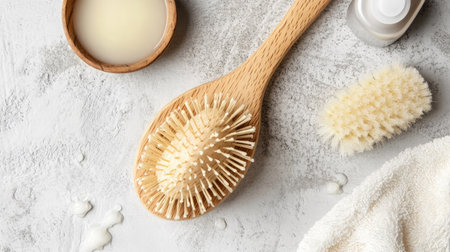 Natural wooden bath brush placed beside shampoo, flat lay on light background emphasizing hygiene and self-care routineの素材