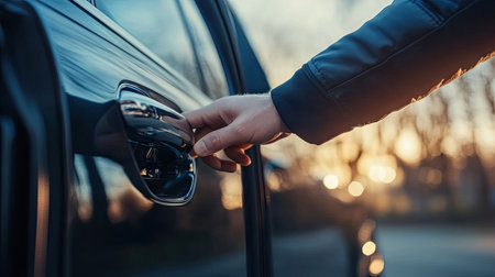 Person opening a car door with hand, focusing on grip and handle detail, symbolizing mobility, vehicle access, and daily commuteの素材