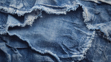 Ripped denim cloth close-up with visible fibers and faded blue tones, representing vintage texture, fashion details, and distressed textile designの素材