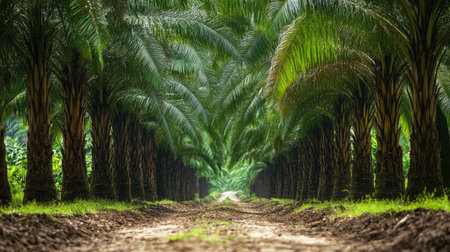 Row of palm oil trees in a plantation, captured from low angle, showing symmetry, tropical growth, and large green leaves for agriculture conceptsの素材