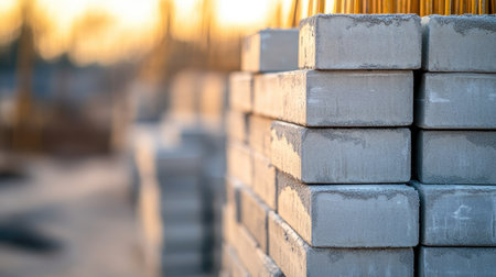 Stack of new cement blocks arranged systematically at a building site, with blurred background, representing construction, durability, and industrial supplyの素材